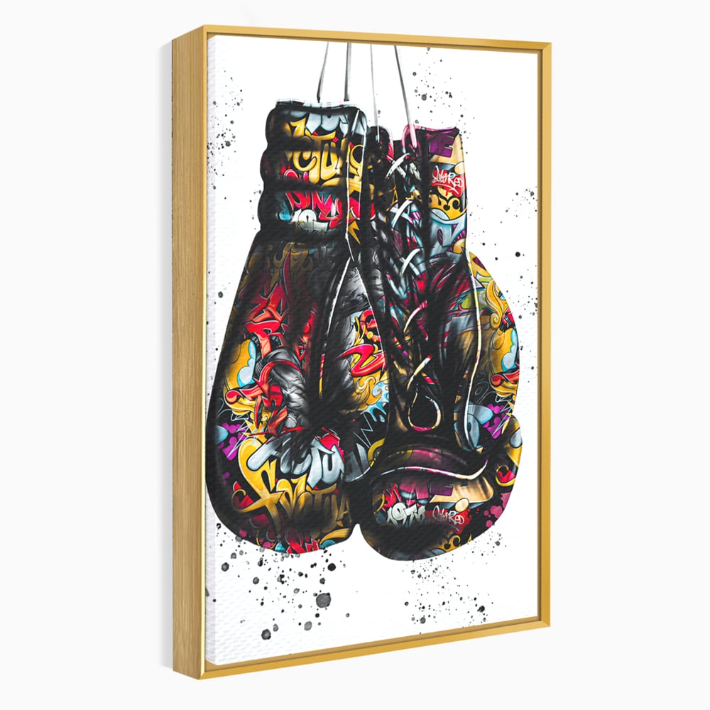 Tablou canvas cu tablou canvas cu manusi de box, in rama de aluminiu auriu